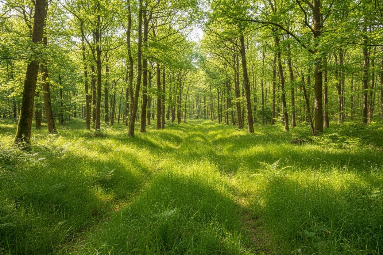 Erstelle mir ein helles Bild mit Gras im Wald 