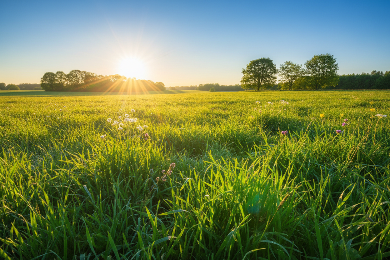 Erstelle mir ein Helles Bild mit Gras und Sonne