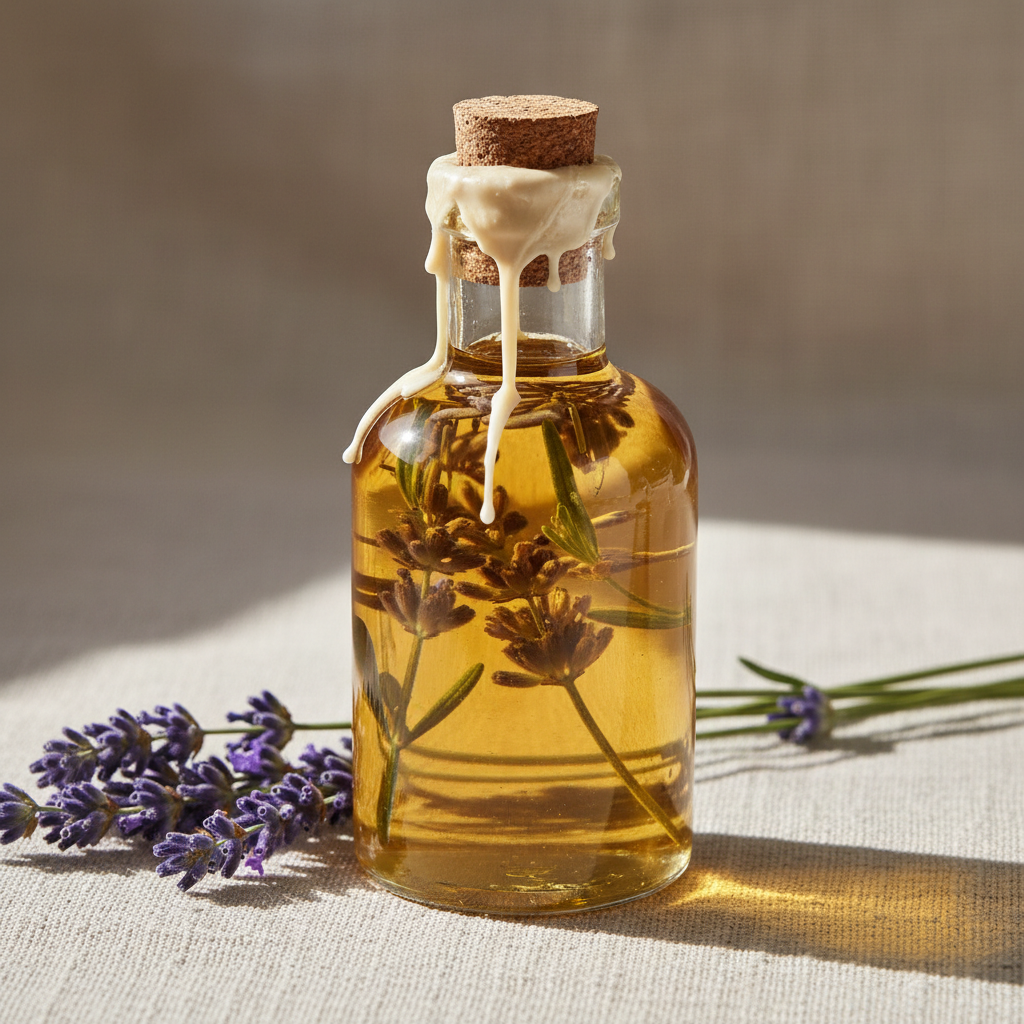 Lavendelöl mit Lavendelblüten im Fläschen, mit Korken und wachs versiegelt